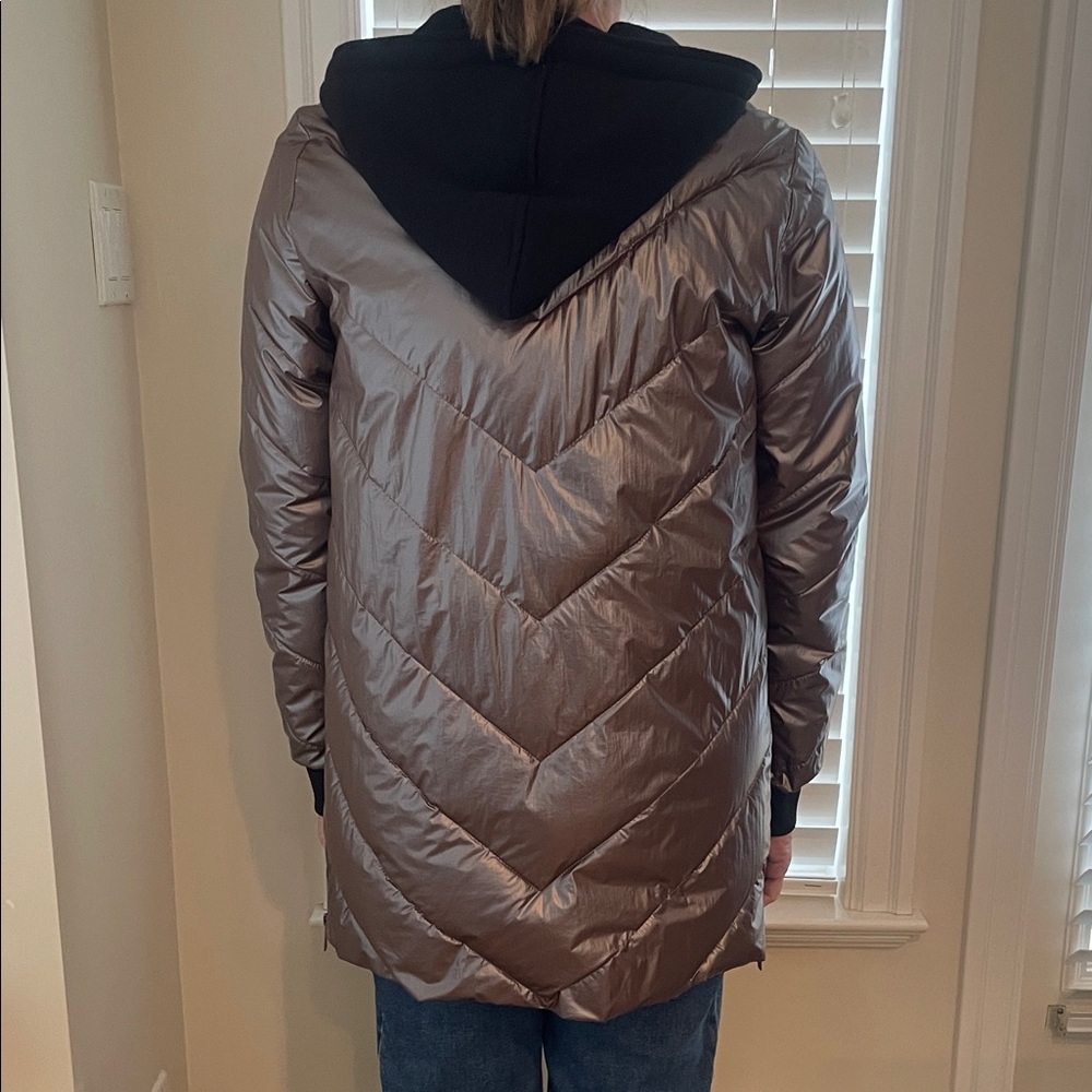 Ikks Metallic Taupe Chevron Quilted Puffer with Black Hood